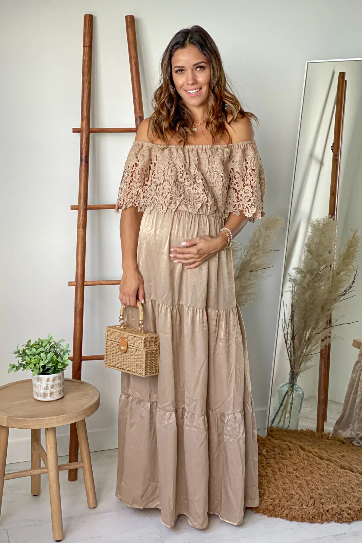Champagne Off Shoulder Maternity Maxi Dress