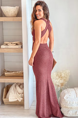 Chocolate Glitter Ruched Maxi Dress With Cut Out