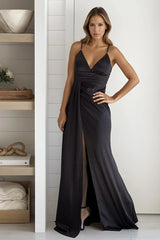 Black Pleated Waist Train Maxi Dress With Slit