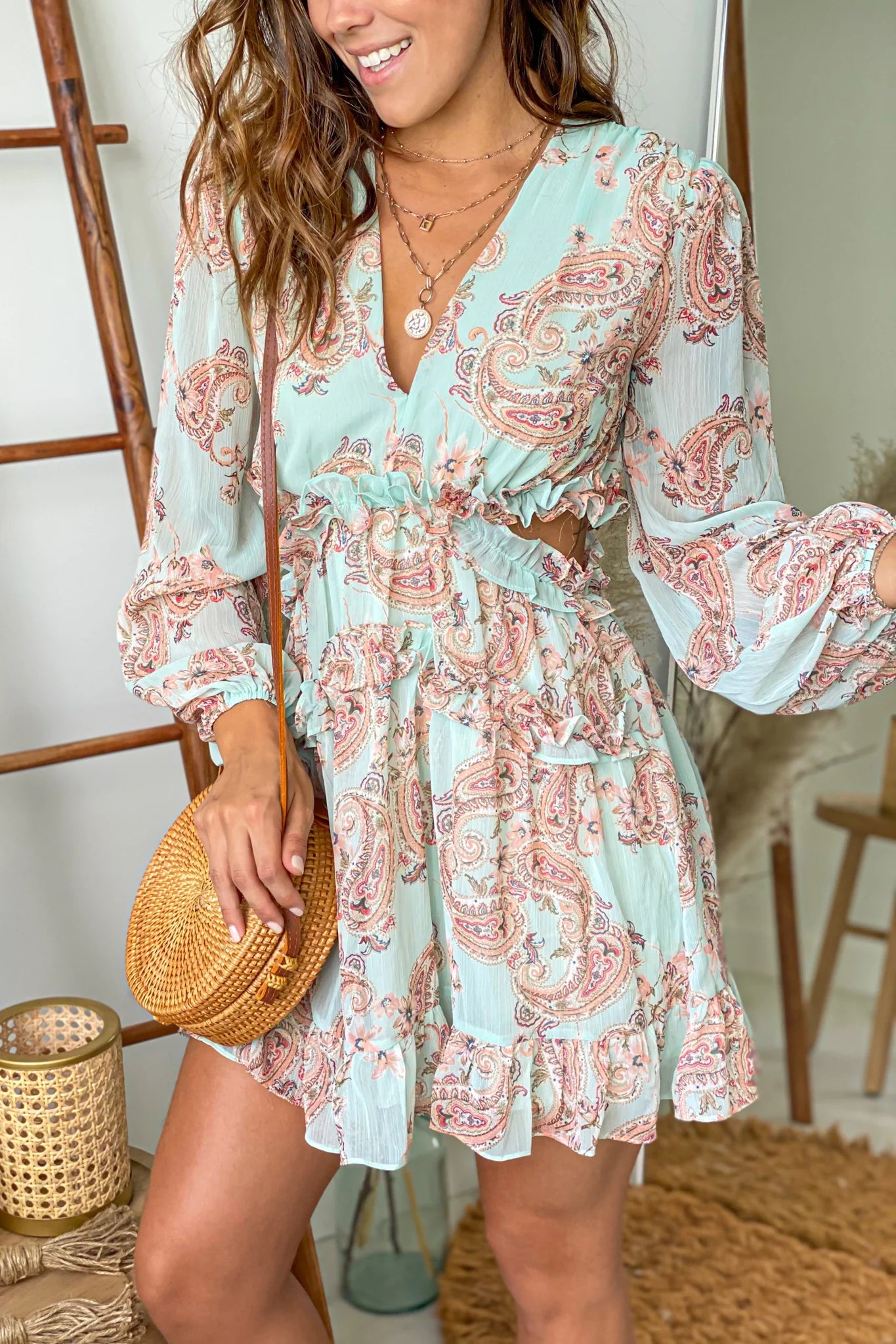 Mint Paisley Print Short Dress