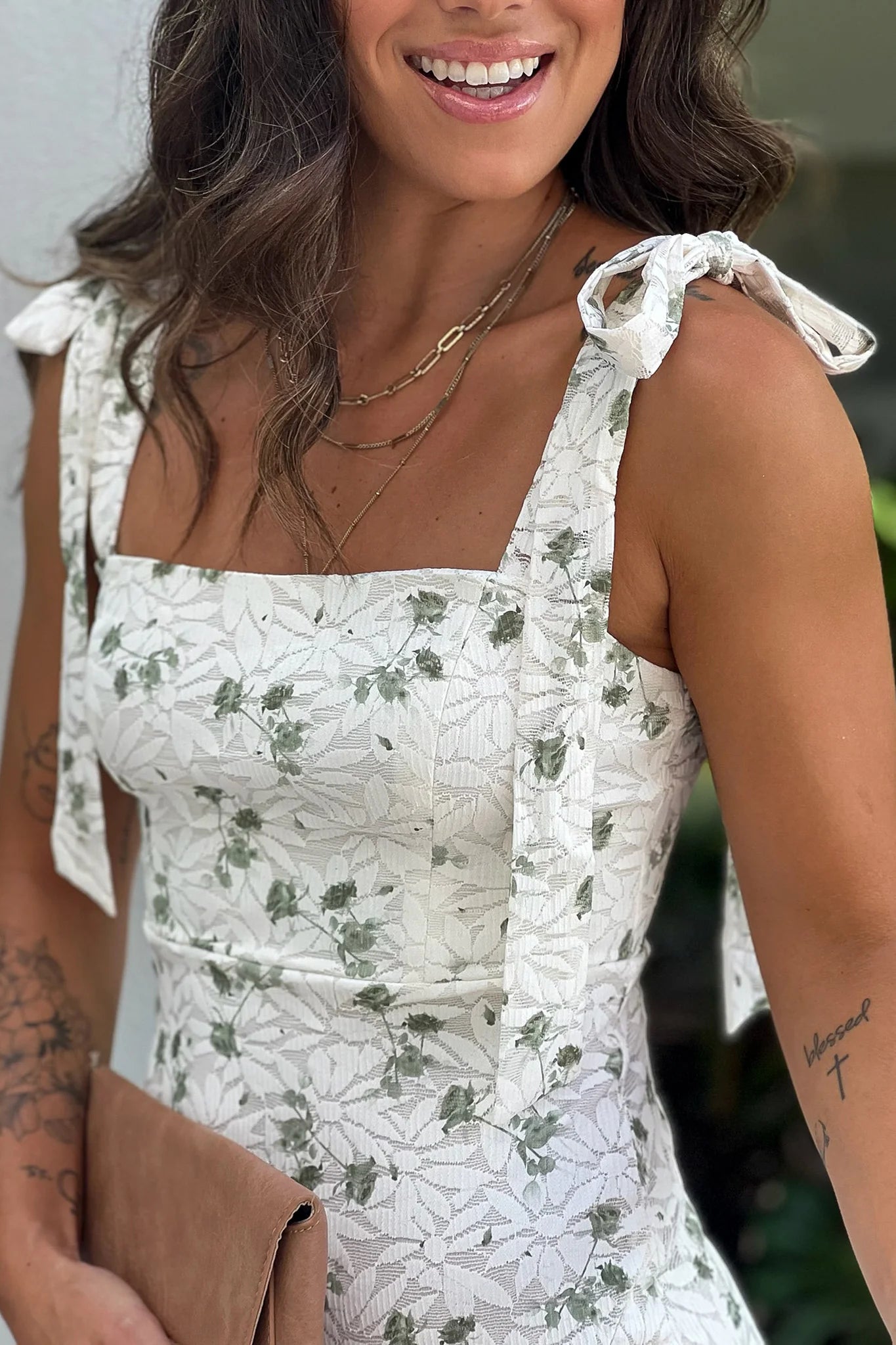 Ivory And Green Floral Maxi Dress With Slit