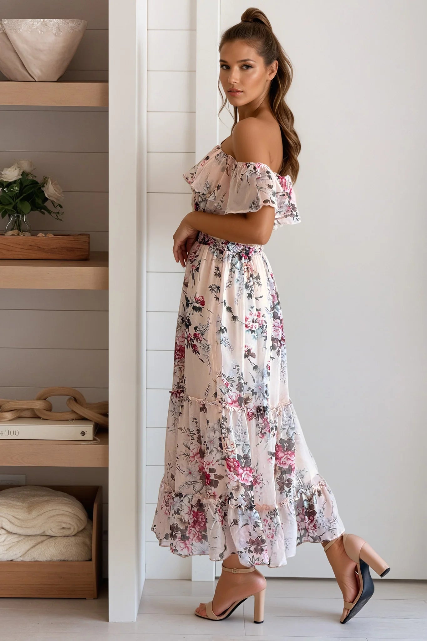 Pink Floral Off Shoulder Midi Dress