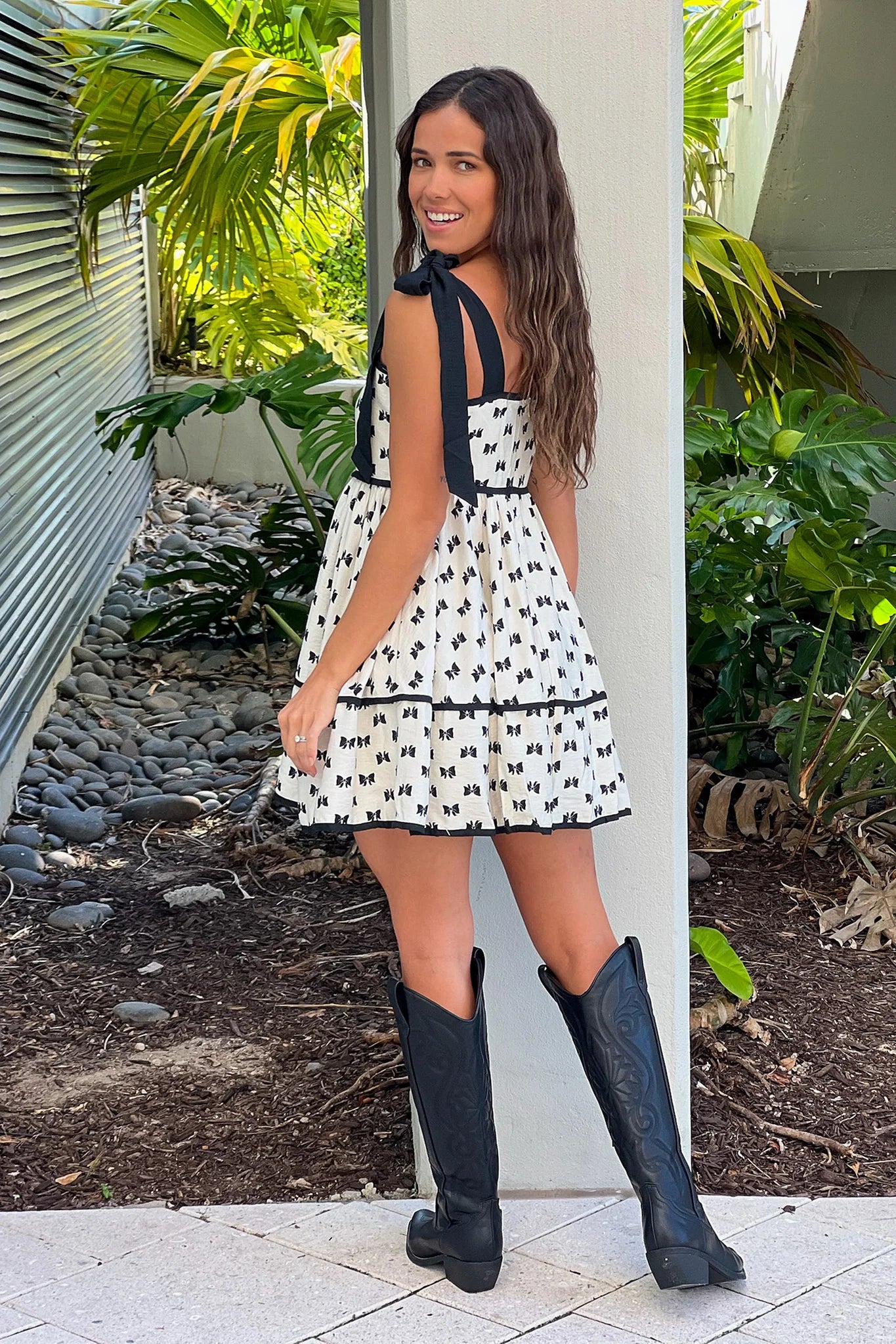 Ivory And Black Babydoll Ribbon Print Dress