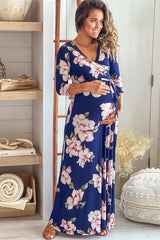 Navy and Pink Floral Maternity Maxi Dress with Tie