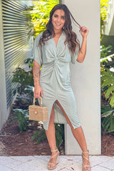 Sage Shimmer Knot Front Midi Dress
