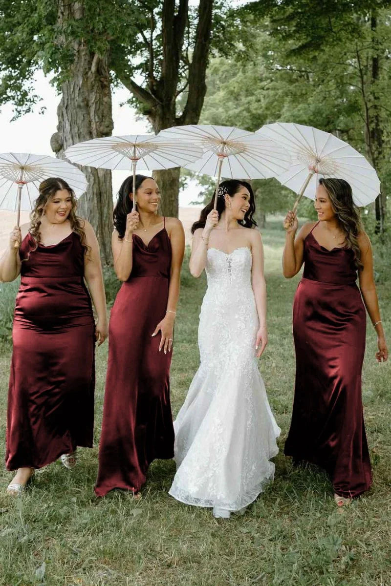 Hunter Green Silk Satin Cowl Neck Bridesmaid Dresses