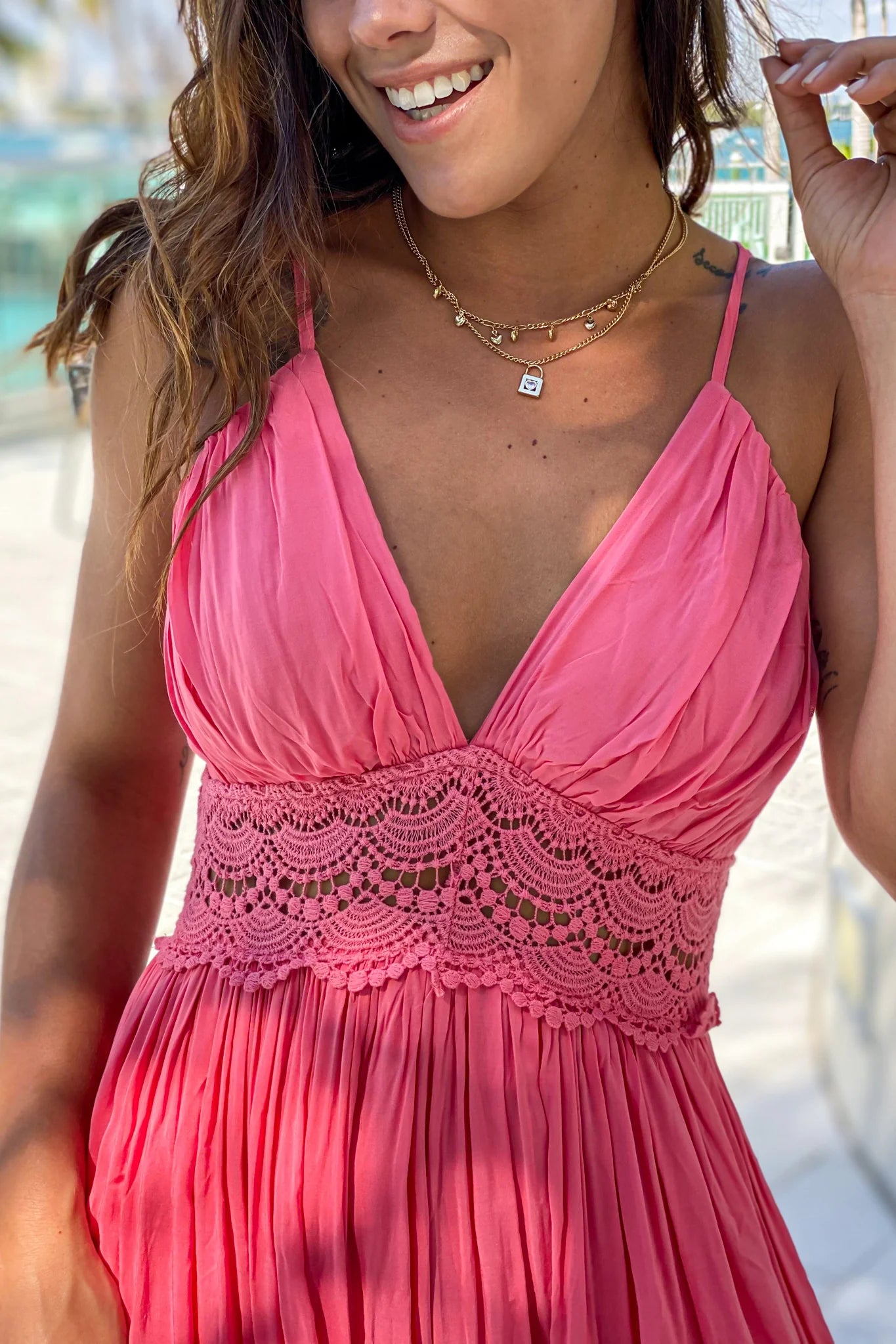 Coral Maxi Dress With Crochet Trim