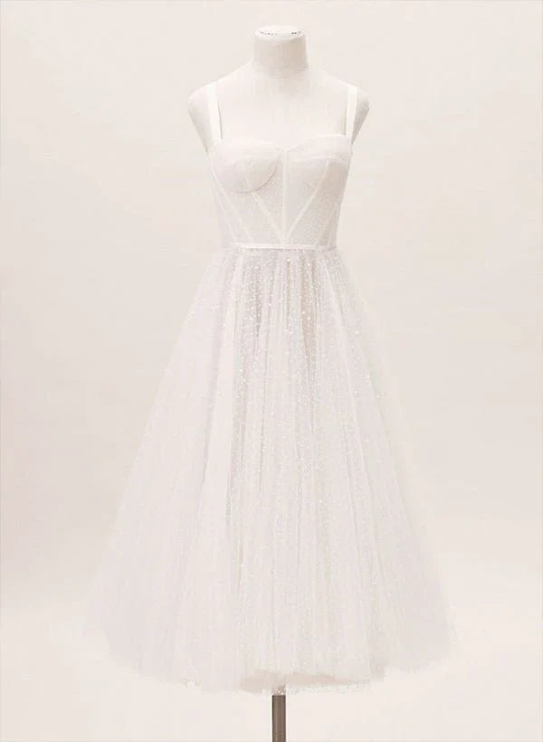 A Line Sweetheart Sleeveless Tulle Tea Length Wedding Dresses With Pleated