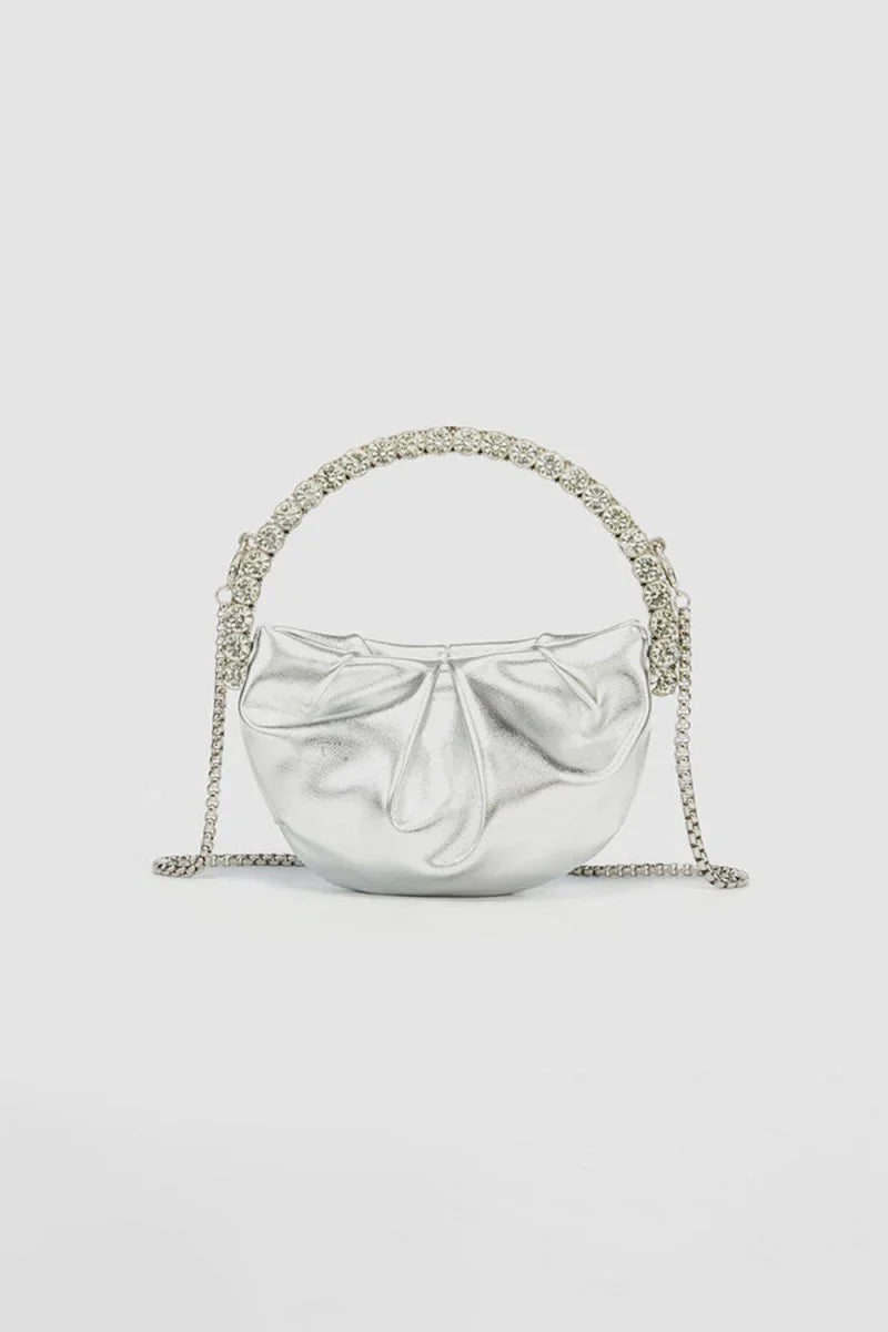Womens Rhinestone Handle Metallic Slouchy Evening Clutch Bags