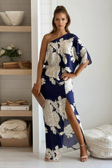 Navy And Cream Printed One Shoulder Dress
