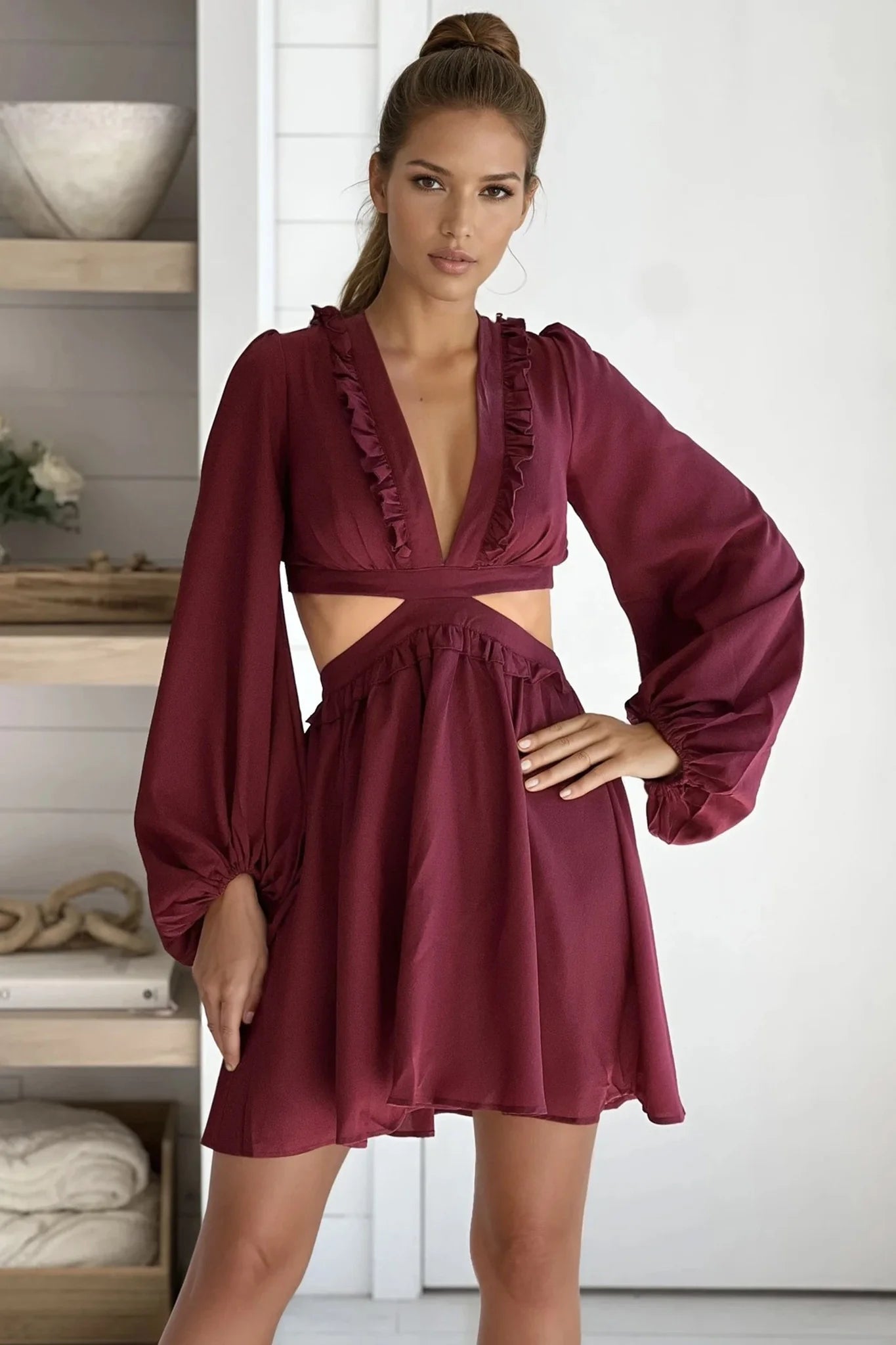 Burgundy Lace Up Back Mini Dress