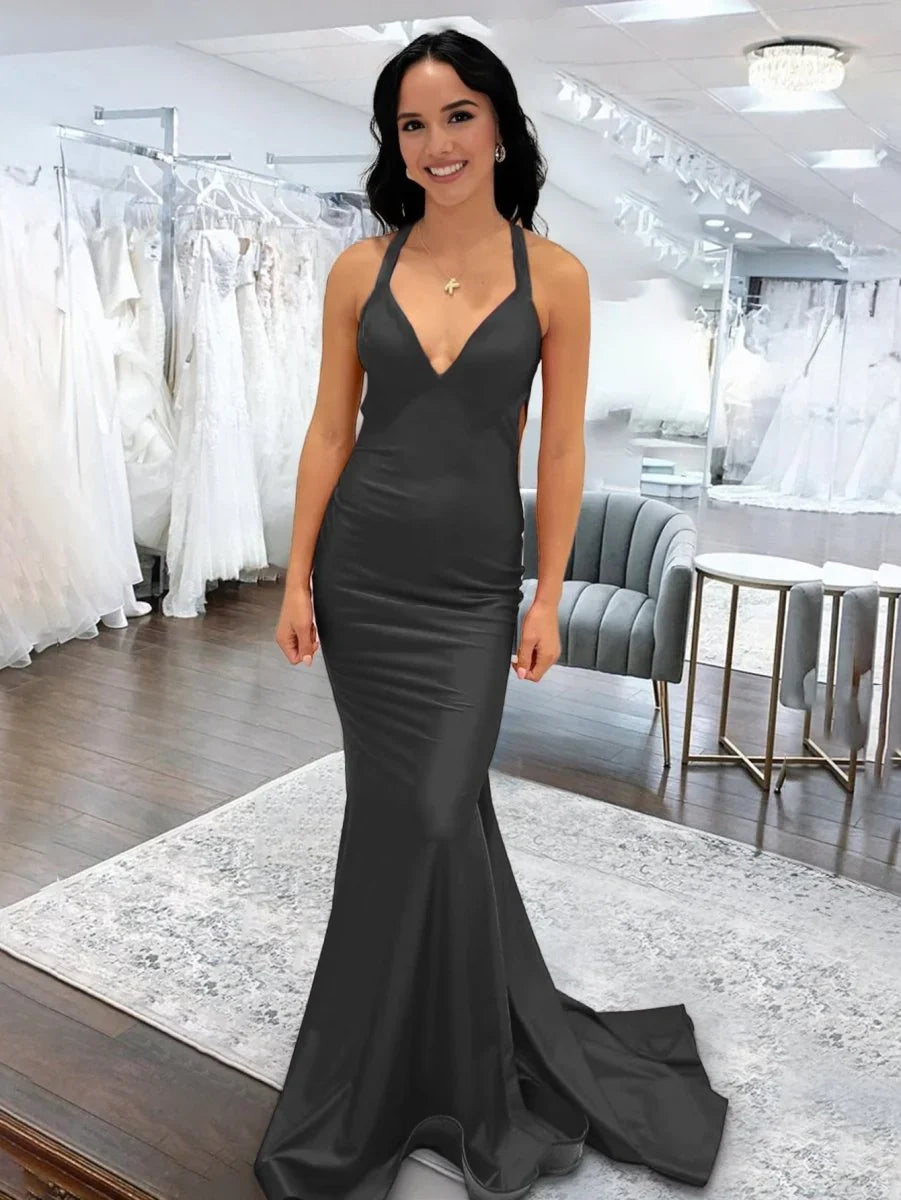 Angela Mermaid Pink V Neck Backless Satin Long Prom Dress