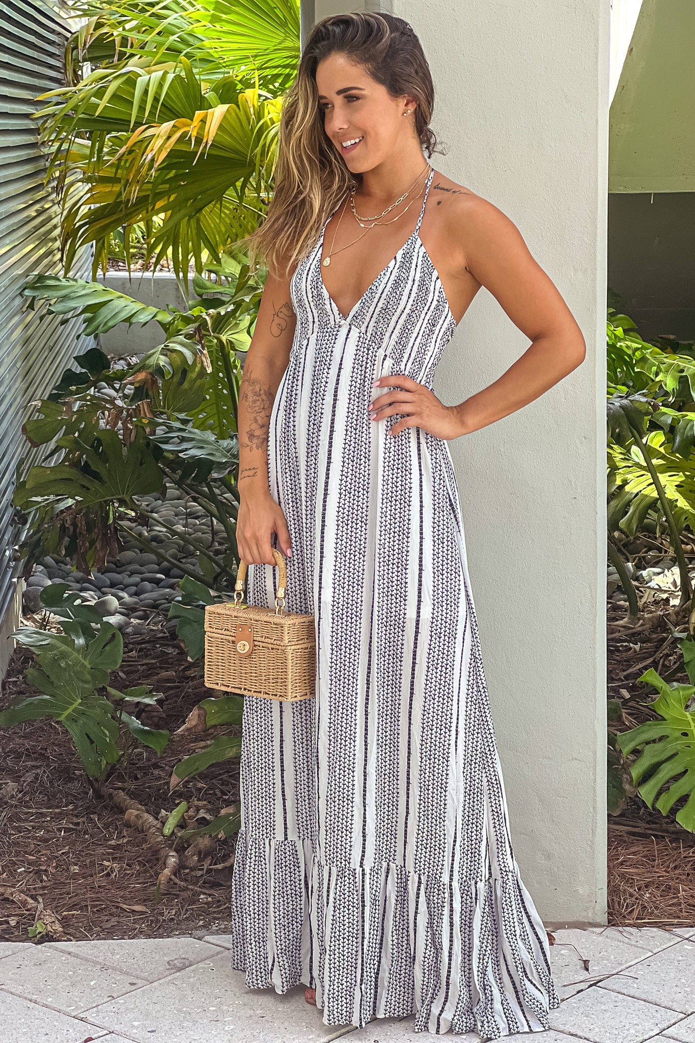 Off White Printed Maxi Dress With Open Back