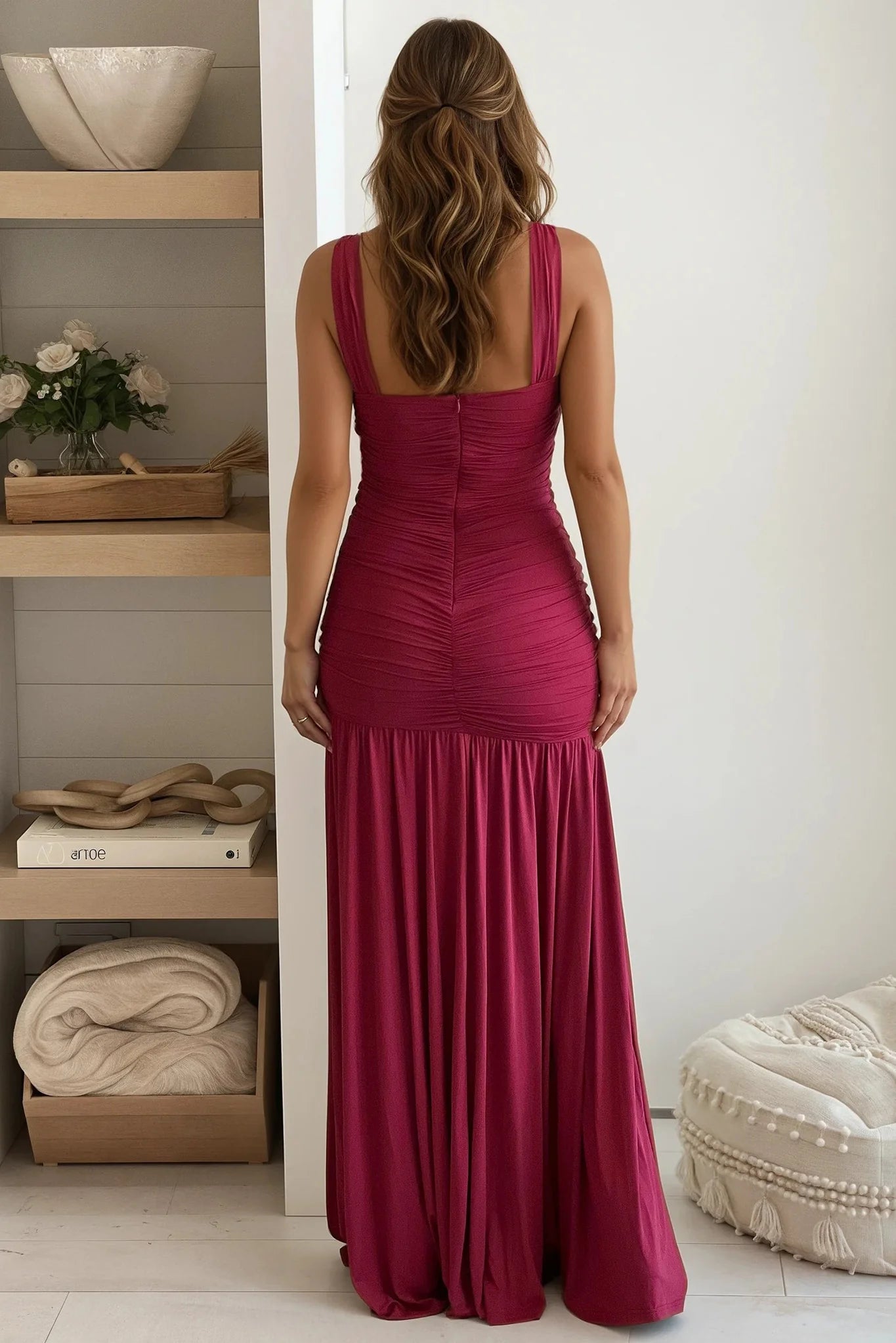 Wine Jersey Ruched Maxi Dress With Slit