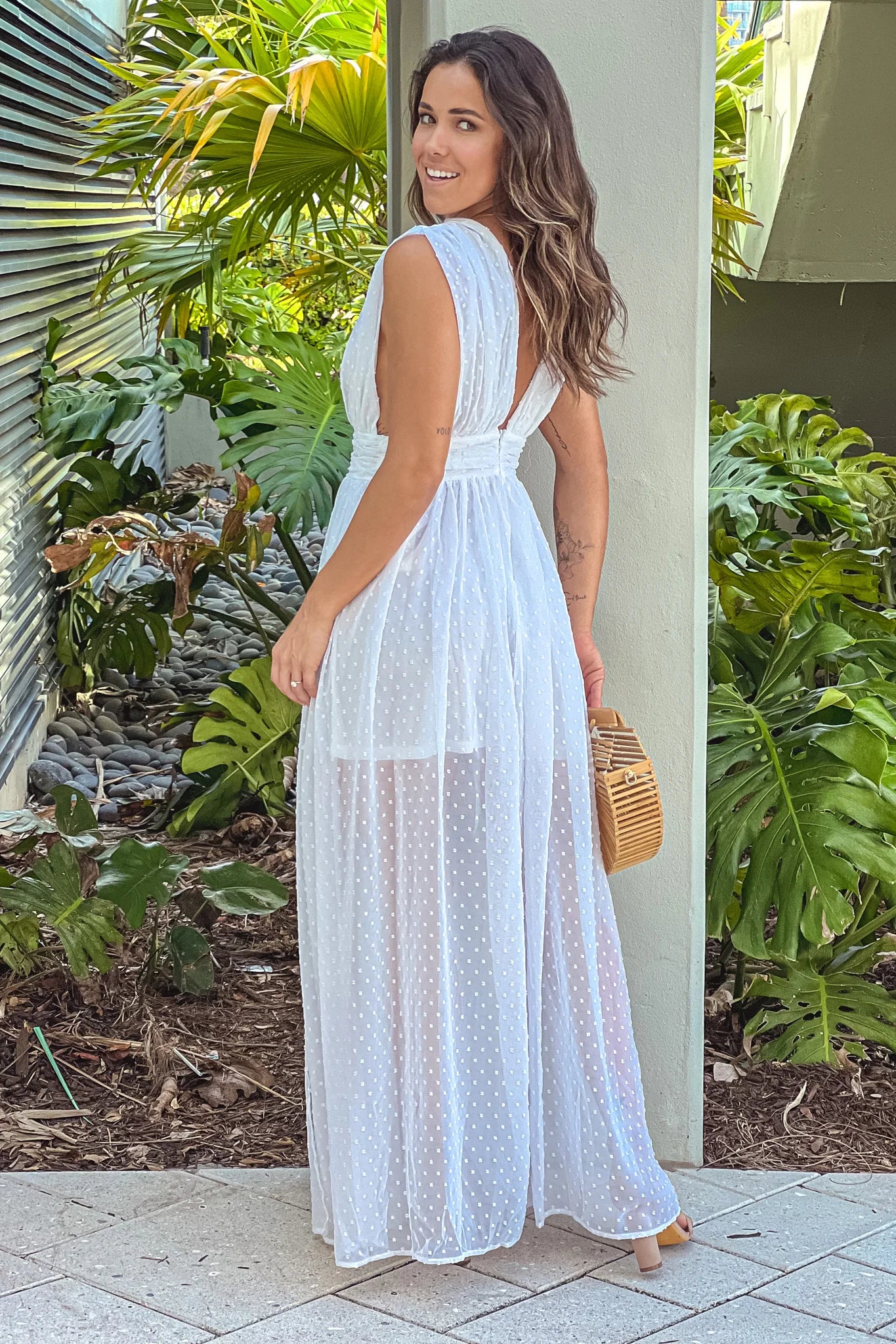 Off White Swiss Dot Deep V Neck Maxi Dress