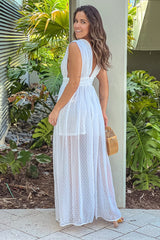 Off White Swiss Dot Deep V Neck Maxi Dress
