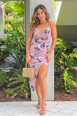 Mauve Floral Midi Dress With Slit