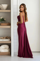 Burgundy Silky Satin V Back Maxi Dress