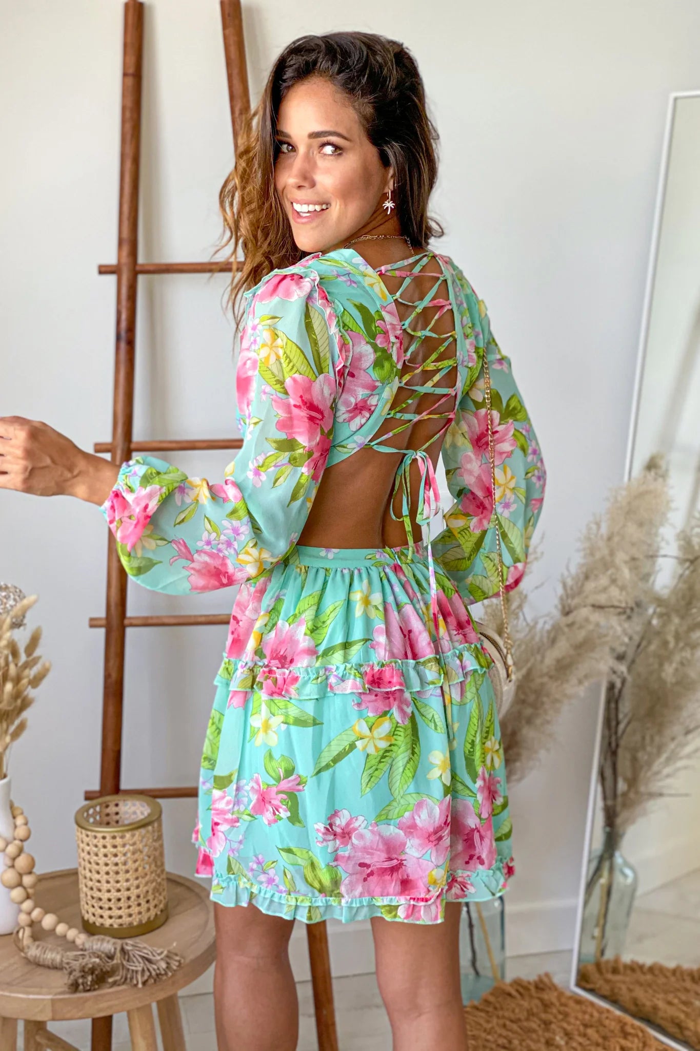 Mint Floral Ruffled Short Dress