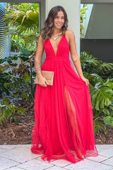 Red Mesh V Neck Maxi Dress