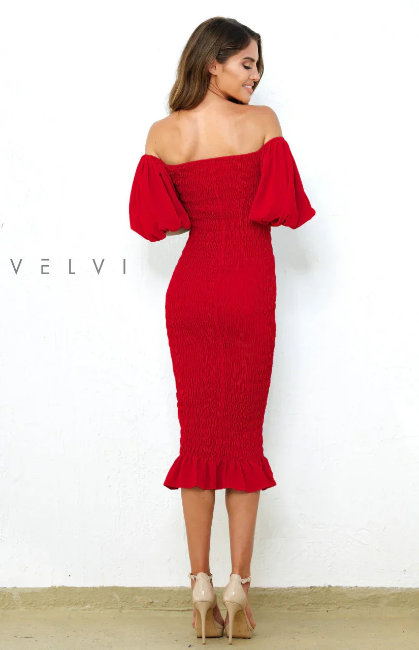 Skyla Shirred Midi Dress RED