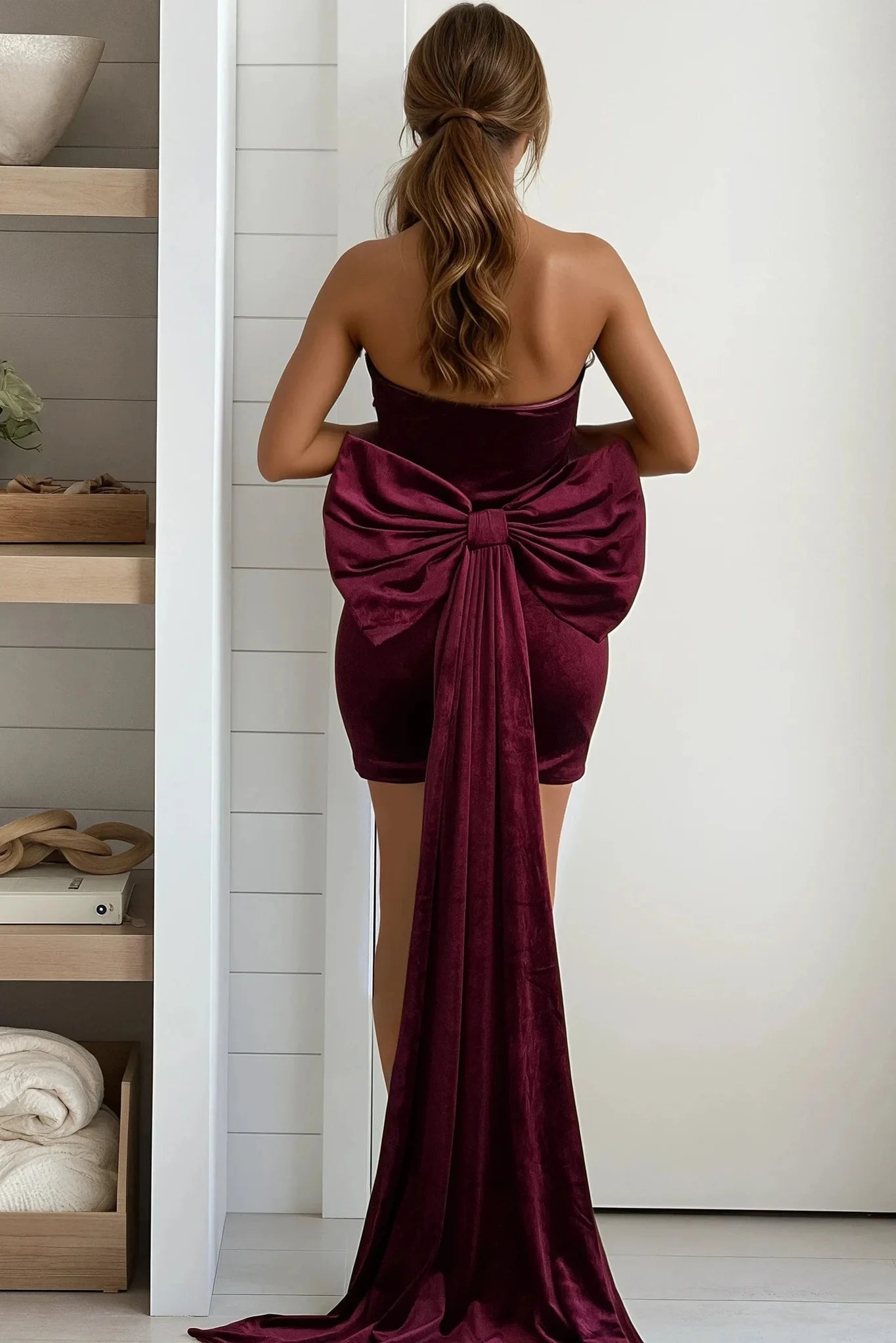 Burgundy Short Dress With Bow Detail