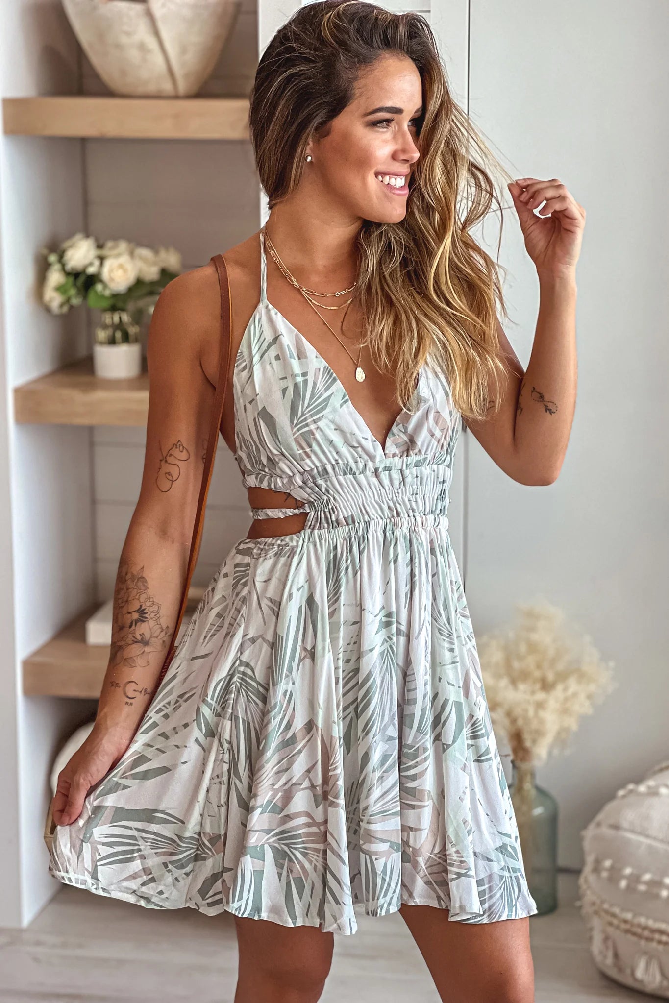 Ivory and Sage Printed Short Dress With Open Back
