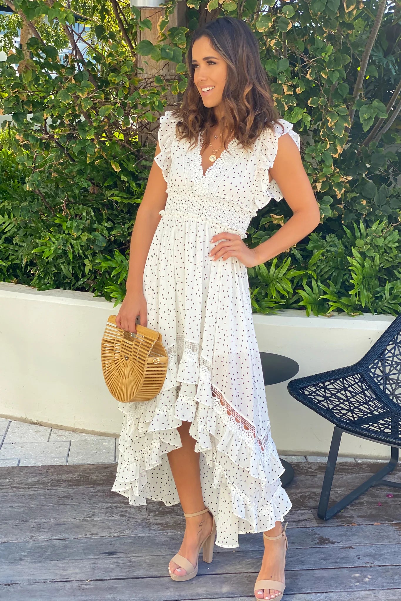 Off White Polka Dot High Low Dress with Ruffles