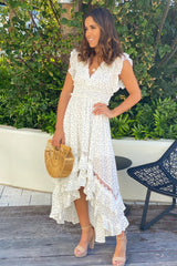 Off White Polka Dot High Low Dress with Ruffles