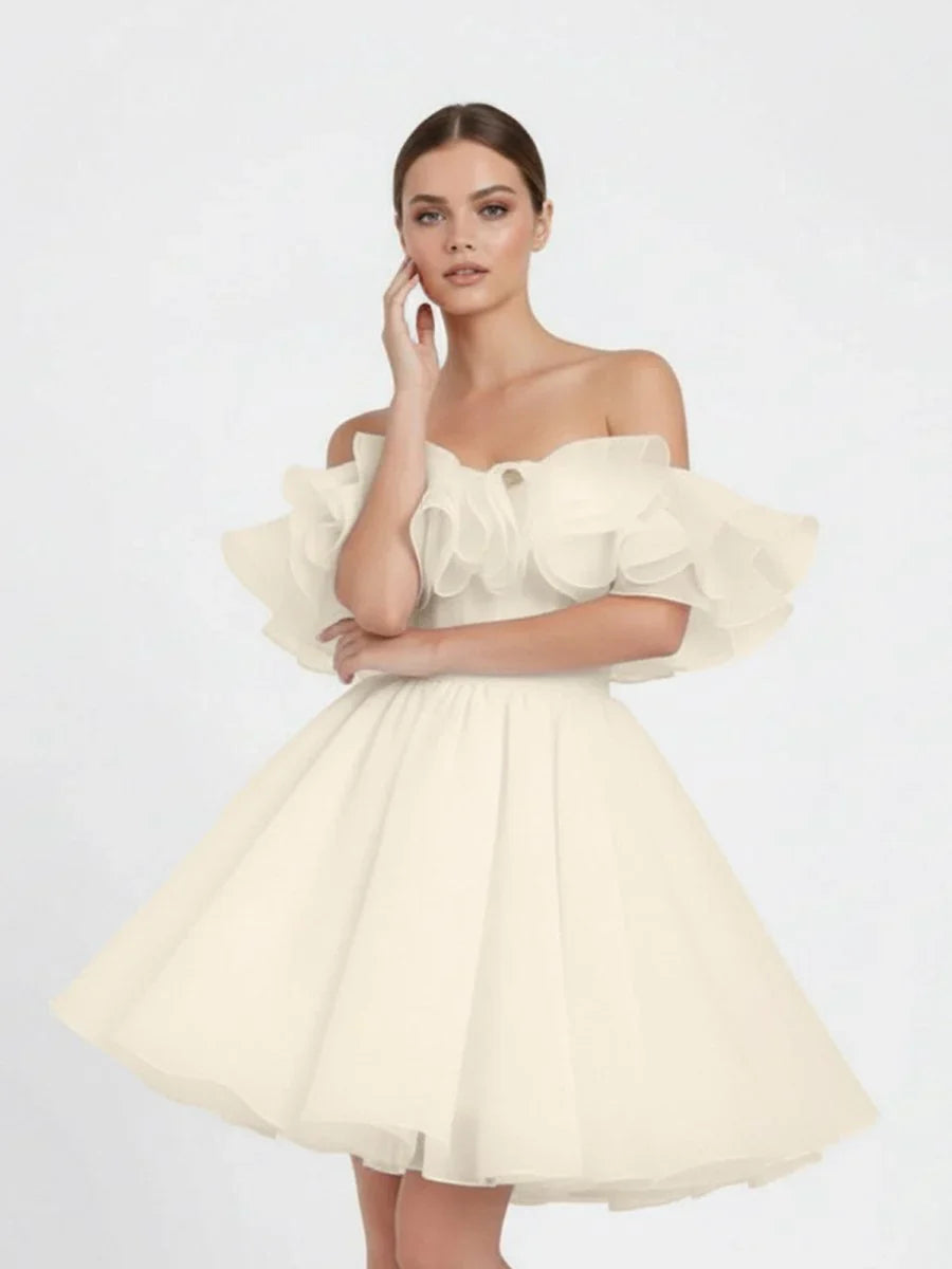 A Line Off The Shoulder Sleeveless Short Mini Organza Wedding Dresses