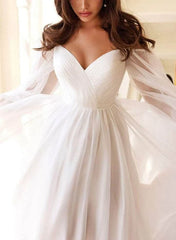 A Line Off the Shoulder Long Sleeves Chiffon Floor Length Wedding Dress