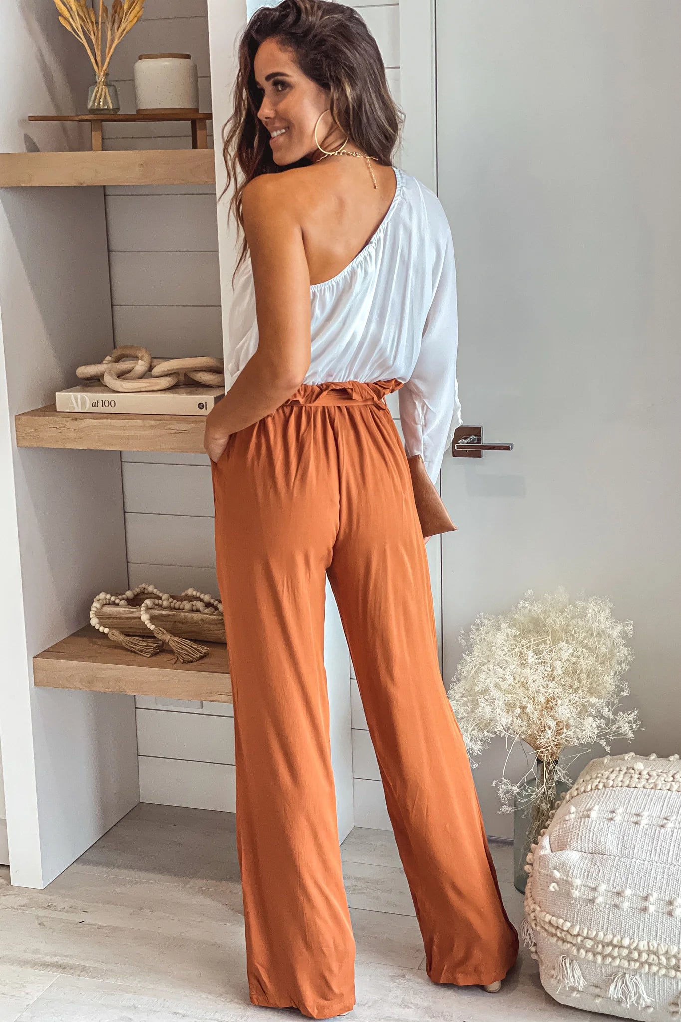White And Camel One Shoulder Jumpsuit With Pockets