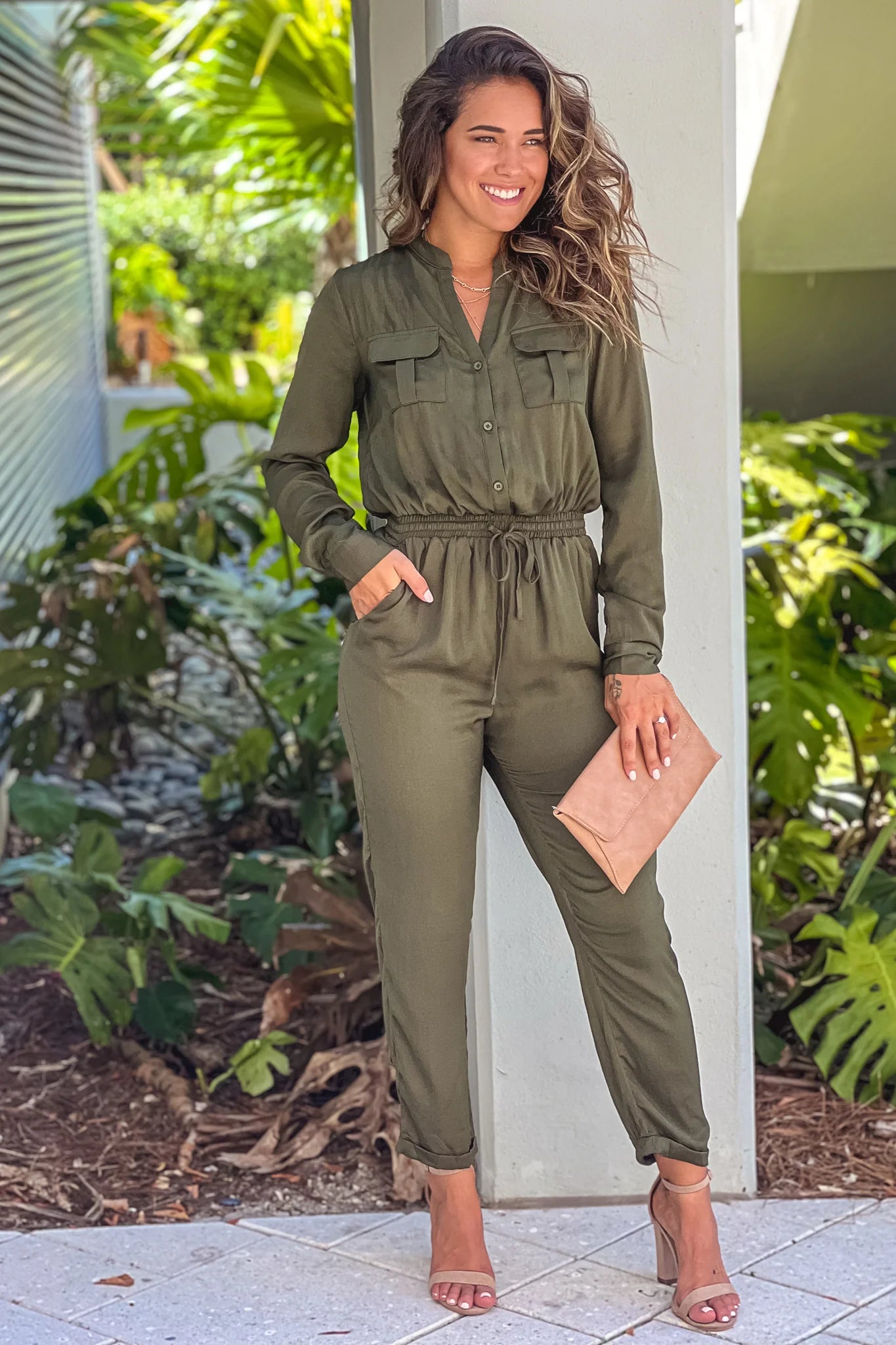 Olive Satin Jumpsuit With Long Sleeves
