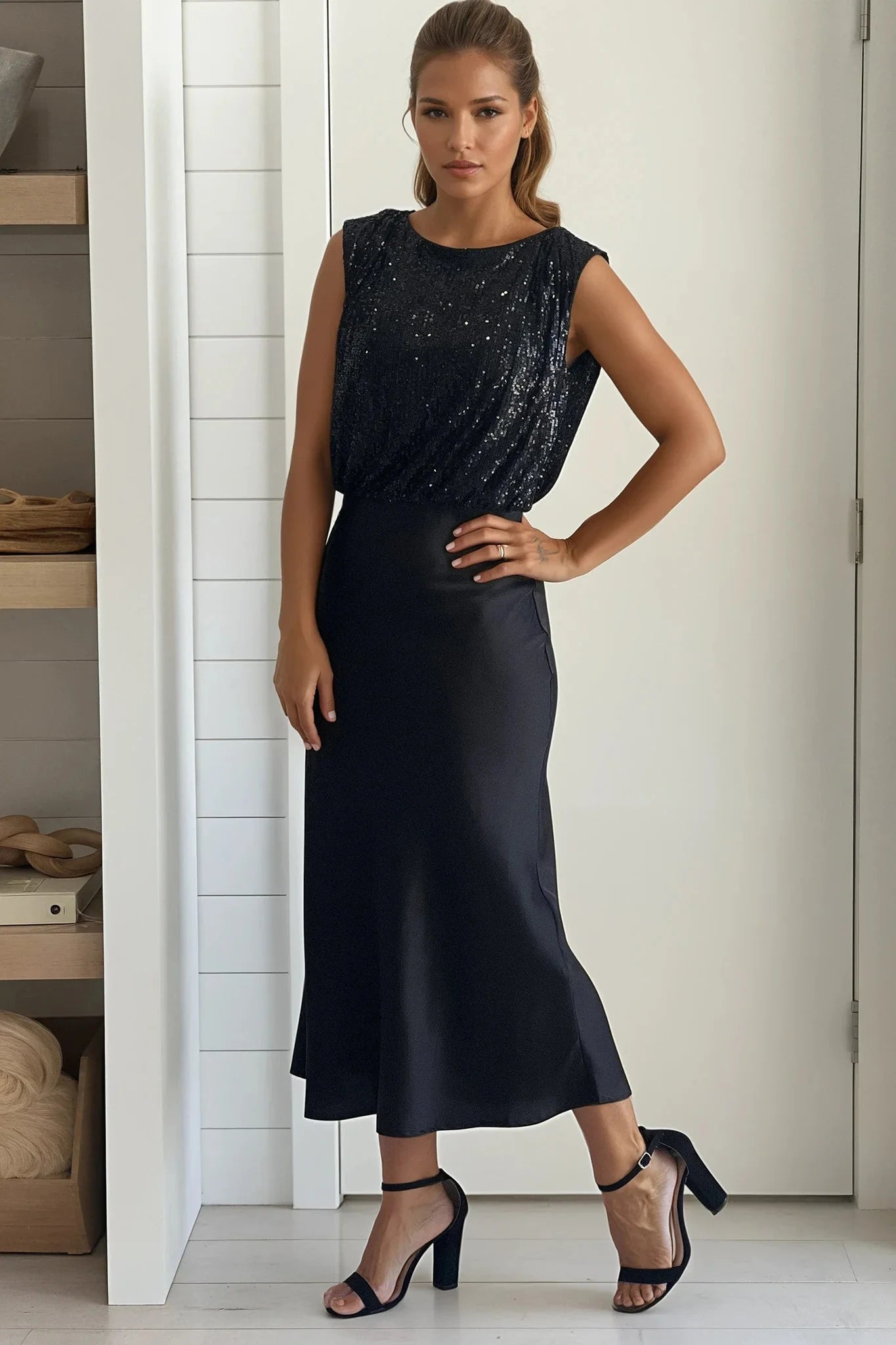 Black Sequined Top Satin Midi Dress