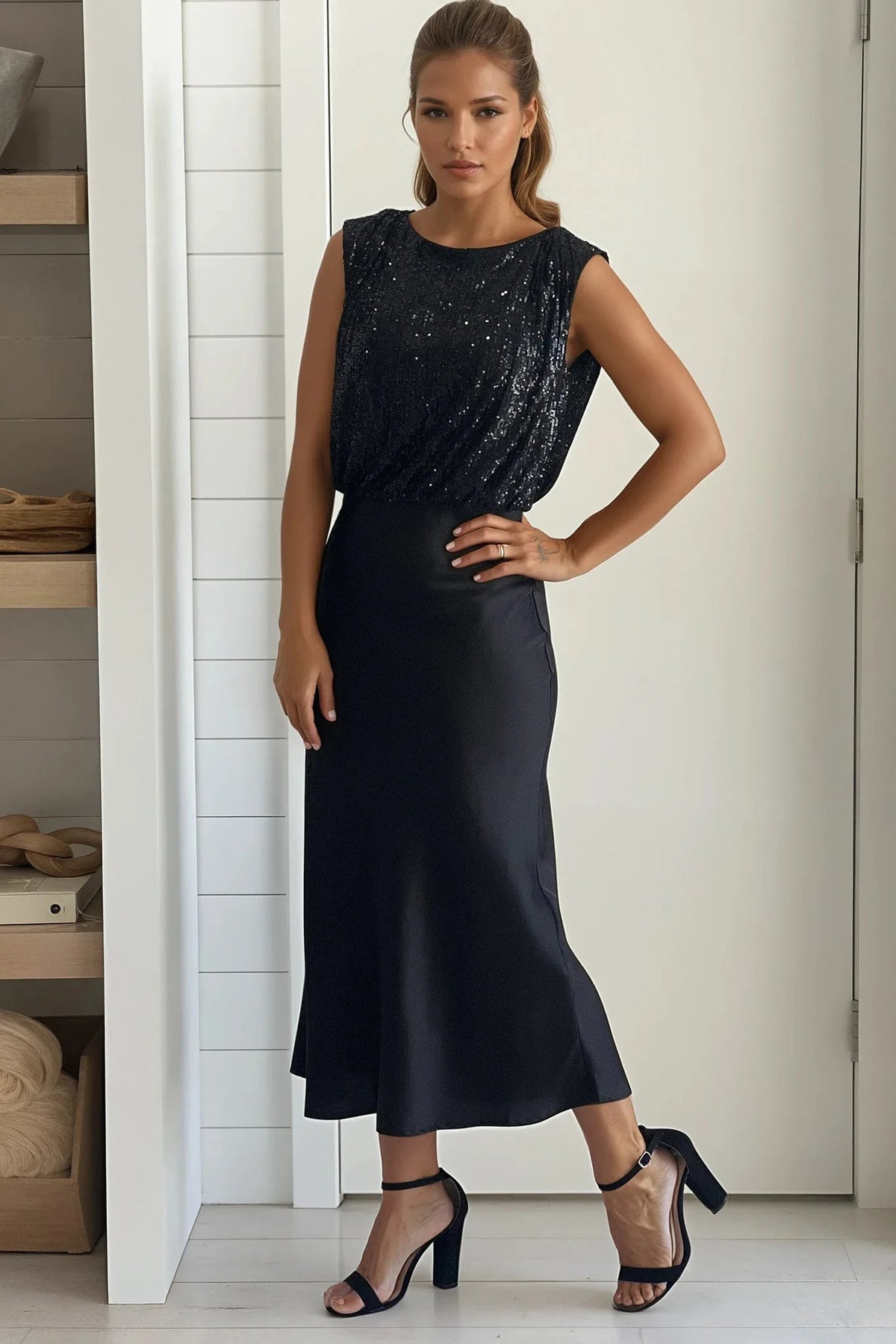 Black Sequined Top Satin Midi Dress