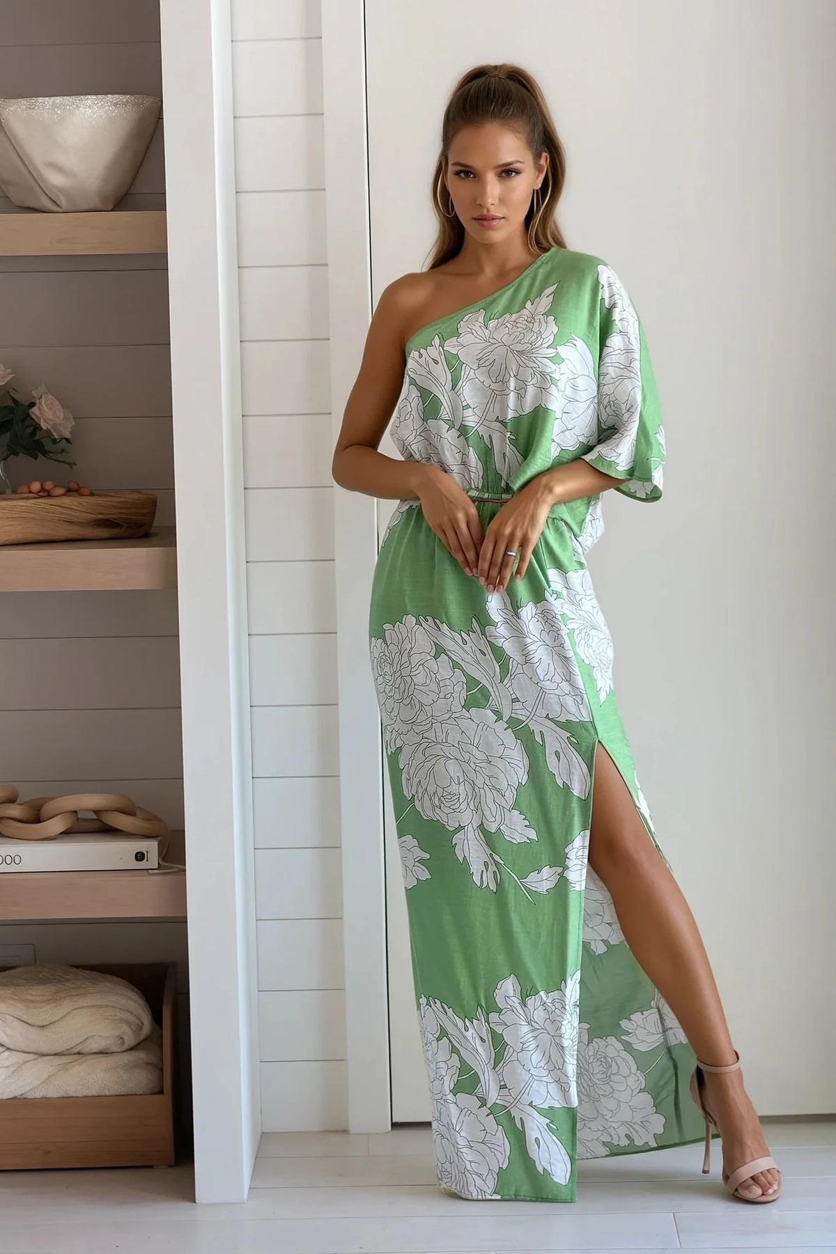 Green And Cream Printed One Shoulder Dress