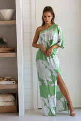 Green And Cream Printed One Shoulder Dress