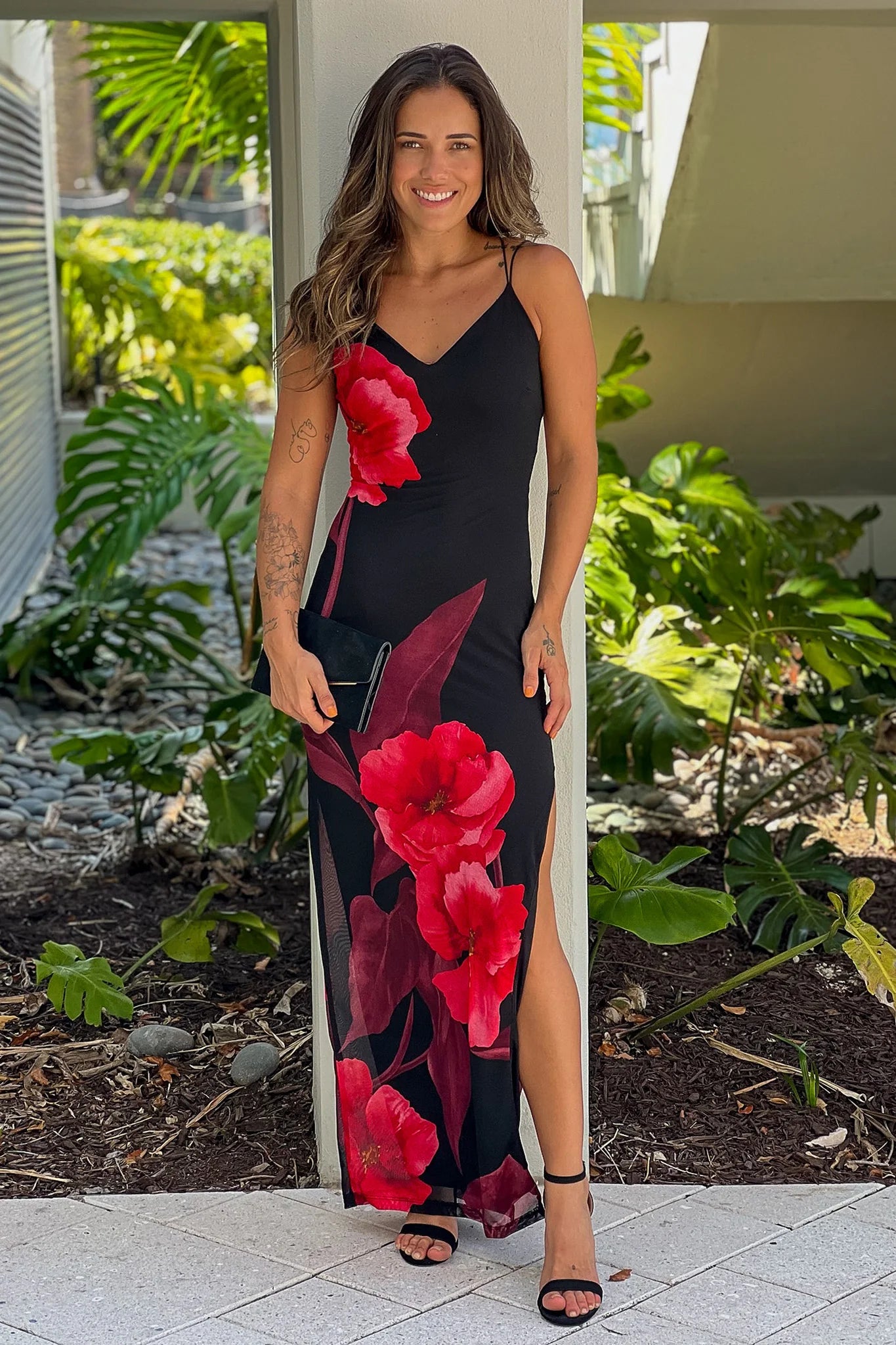 Black Printed Strappy Back Maxi Dress With Slit