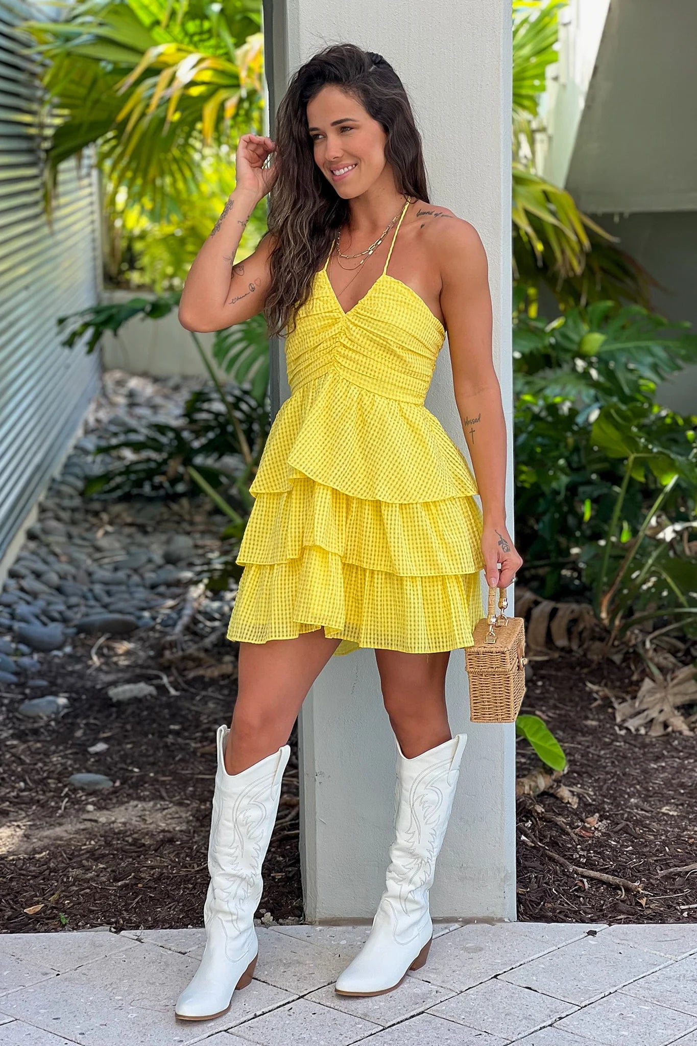 Lemon Gingham Tiered Short Dress