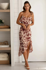 Taupe Floral Ruffle Slit Midi Dress