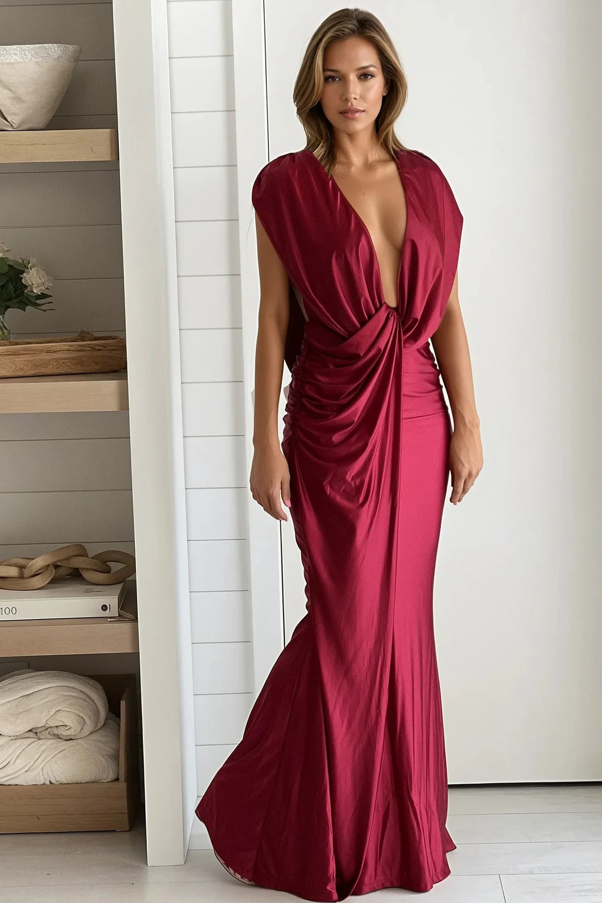 Wine Shiny Satin Draped Maxi Dress