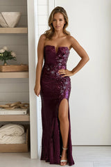 Maroon Sequin Mesh Maxi Dress With Slit