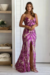 Nude And Fuchsia Sequin Maxi Dress With Front Slit