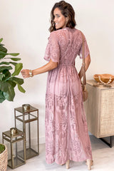 Mauve Lace Maxi Romper With Short Sleeves