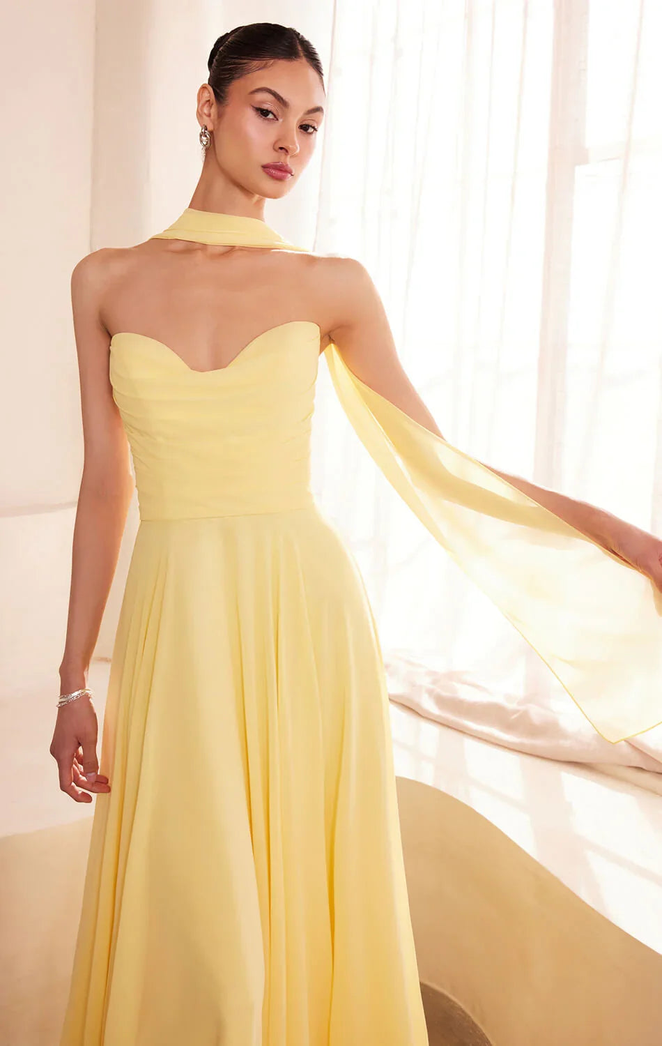 Ella Gown A line Strapless Chiffon Dress With Scarf