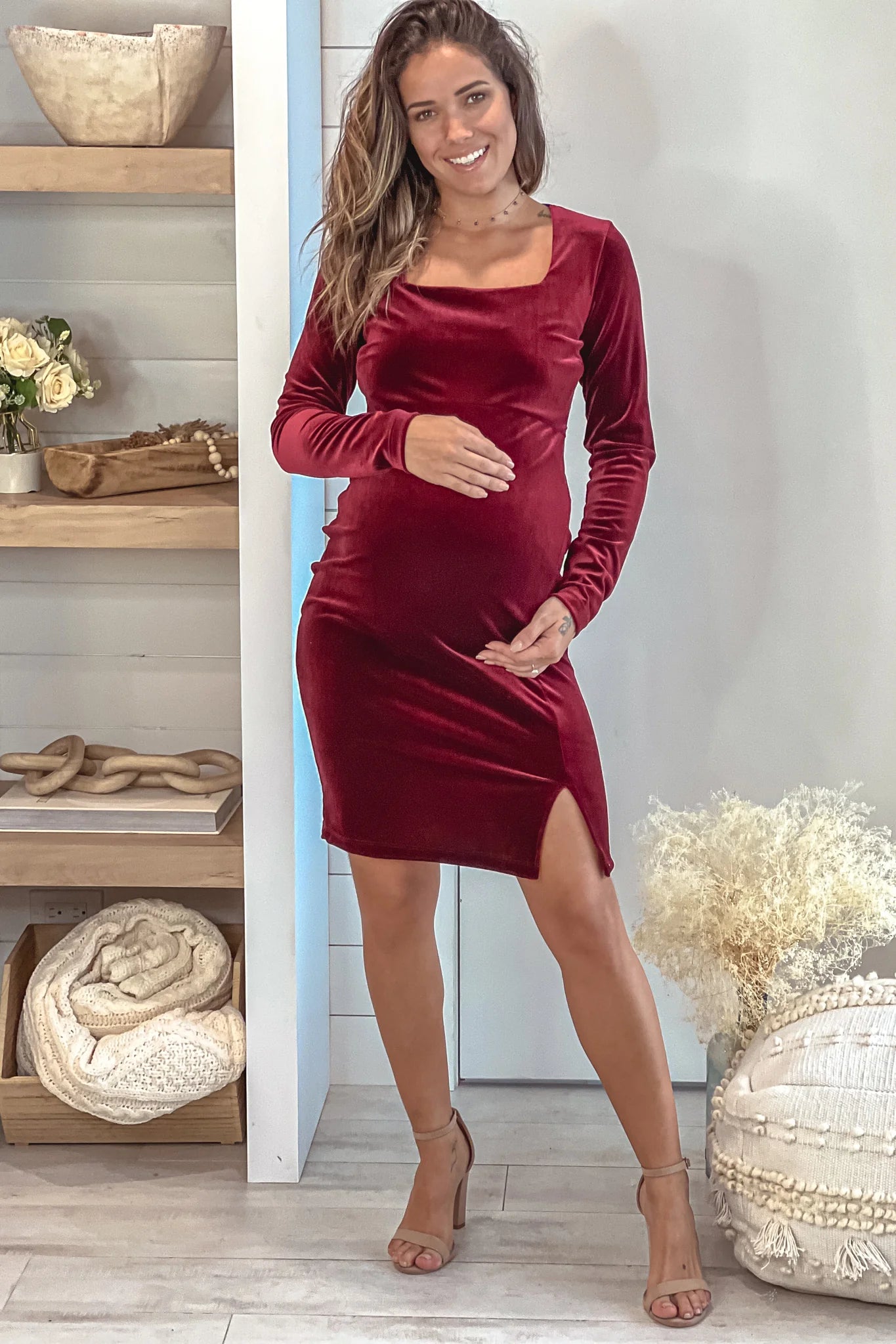 Burgundy Velvet Maternity Dress With Side Slit