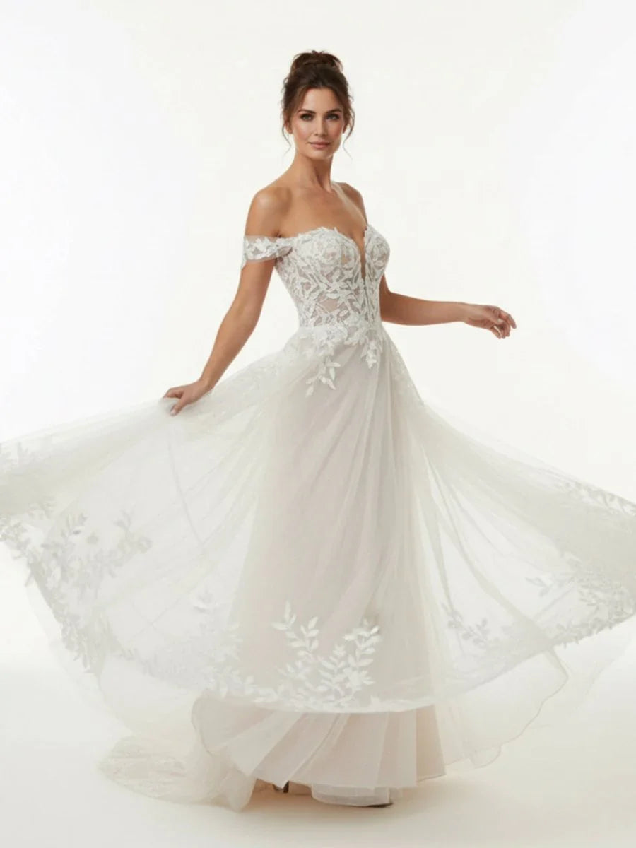 A line Lace Beach Wedding Dress with Off Shoulder Tulle Appliques