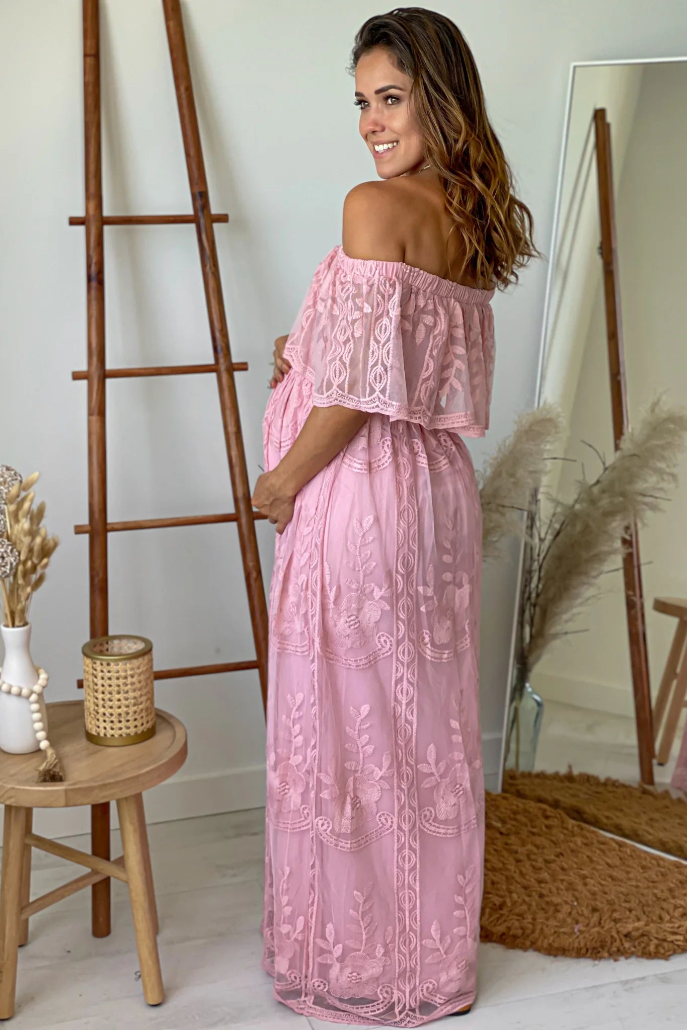 Mauve Lace Off Shoulder Maternity Maxi Dress