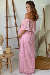 Mauve Lace Off Shoulder Maternity Maxi Dress