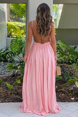 Pink Crochet Top Maxi Dress With Open Back and Frayed Hem